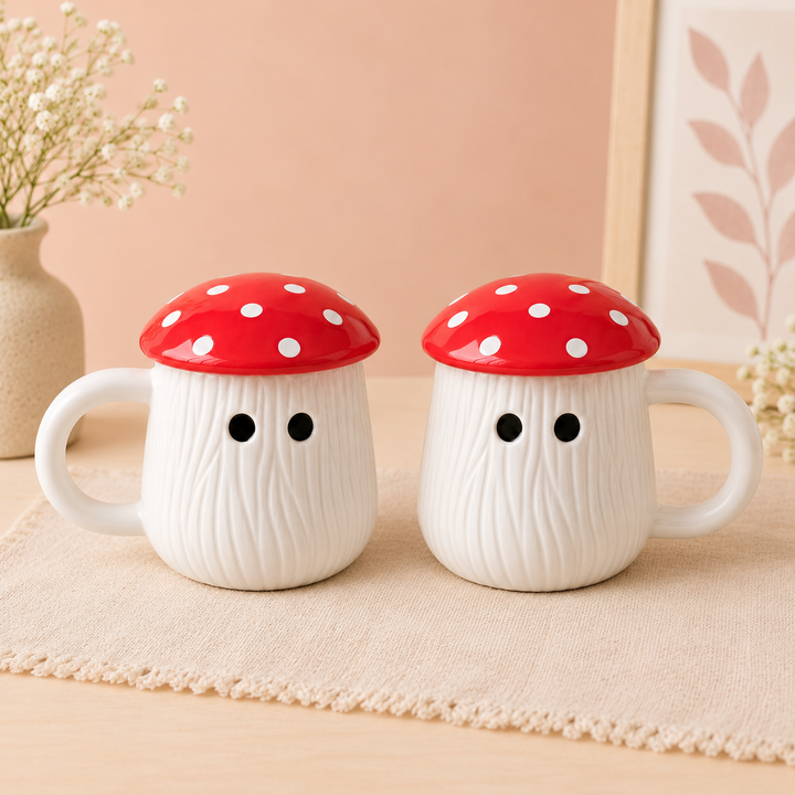 Athena Home Red Mushroom Ceramic Mugs with Lids – Set of 2