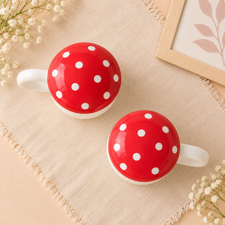 Athena Home Red Mushroom Ceramic Mugs with Lids – Set of 2