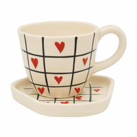 Handcrafted Grid & Heart Ceramic Cup & Saucer Set | Cream Coffee & Tea Mug for Gifting
