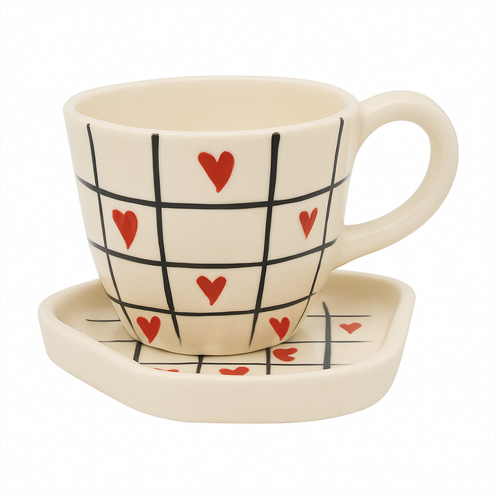 Handcrafted Grid & Heart Ceramic Cup & Saucer Set | Cream Coffee & Tea Mug for Gifting